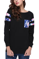 Kaamastra Black Full Sleeve Floral Patch T-shirt Top